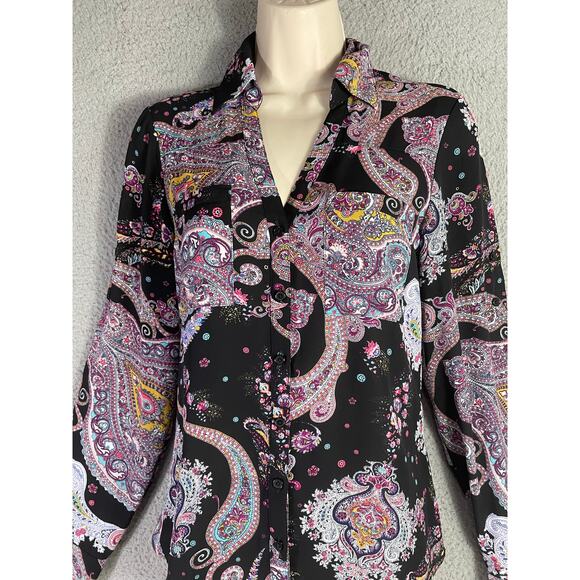 Express Women’s Paisley Button Down Shirt XS Black Multicolor Boho Blouse - Picture 3 of 10